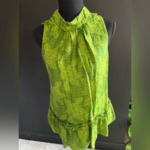 Anthropologie Lime Green Floral Lace High Neck sleeveless blouse